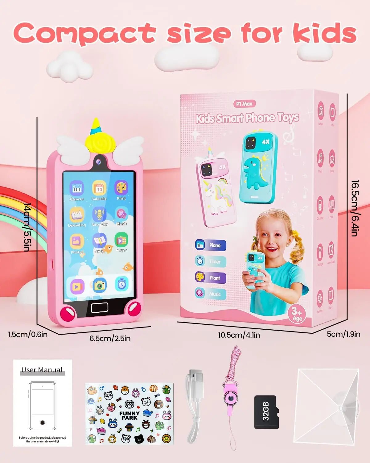 Kids Smart Phone for Girls with 4.0" Large Touchscreen, 32G Card Gifts for Kid Toys, Toddler Learning Toy, Dual Lens(Pink) - silverfoxgoods